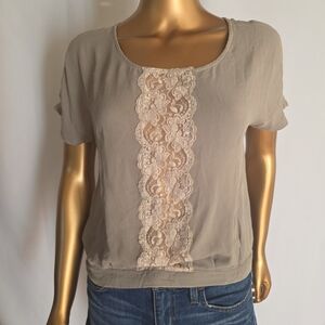 Gypsy 05 Taupe Short Sleeve Blouse with Cream Lace Panel